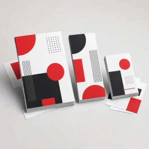 Mockup de flyers publicitarios A6, DL y A5 en blanco, negro y rojo